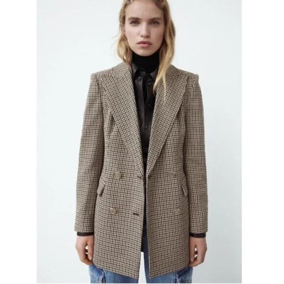 ZARA Houndstooth Double Breasted Blazer Sz S Missing Button - Picture 1 of 16